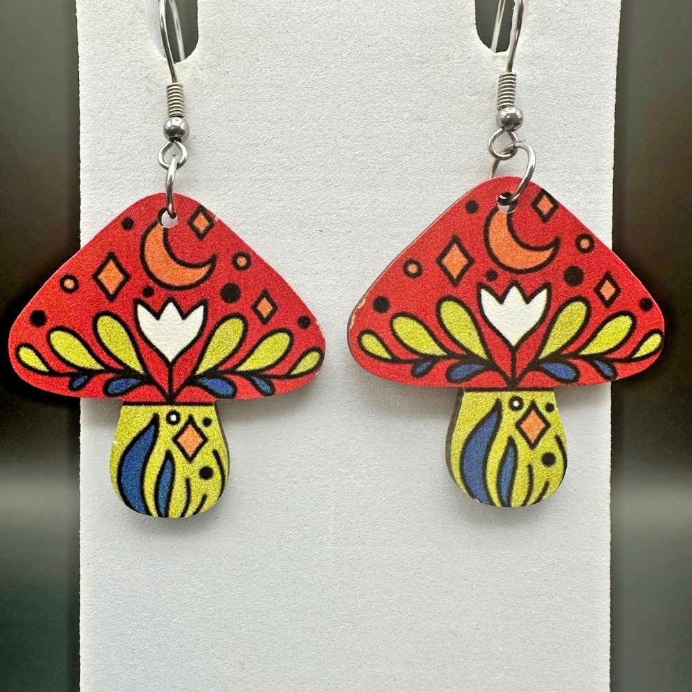 VTG Colorful Wood Funky Mushroom Dangle Hippie Hook Earrings‎ Women's Jewelry